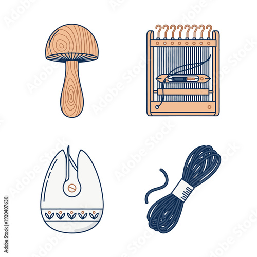 Textile Preservation and Sashiko Mending Icon Collection for Sustainable Fashion and Garment Repair Illustrating Darning Mushrooms Speedweve Looms and Traditional Indigo Thread Tools