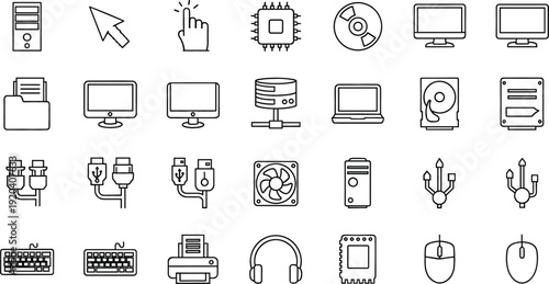 Computer Hardware and Technology Line Icons Set Featuring Monitor Keyboard Mouse Processor and Peripheral Devices Vector Collection
