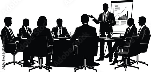 Corporate meeting silhouette illustration, business presentation artwork, teamwork communication design tribute, leadership strategy  office discussion flat vector illustration