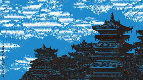 Dramatic Japanese-inspired background featuring dark temple silhouettes against a bright blue sky. Hand-drawn with intricate horizontal cloud etching and a vintage woodblock aesthetic.

