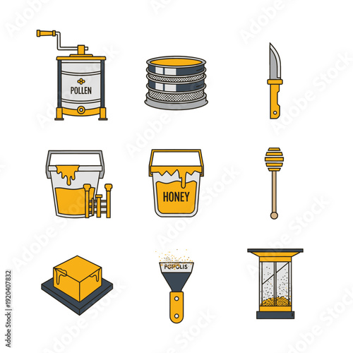 Professional Honey Processing and Apiary Tool Icon Collection for Sustainable Agriculture and Food Production Illustrating Manual Extraction Filtration Equipment and Artisanal Packaging Solutions
