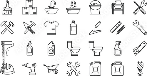 Construction and Plumbing Line Icons Set Featuring Tools Toilet Sink Paint Roller and Equipment Vector Collection