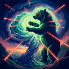 A majestic green bear stands amidst swirling vortex, surrounded by radiant red lasers, in a mystical landscape 'nice photo (41).jpg'