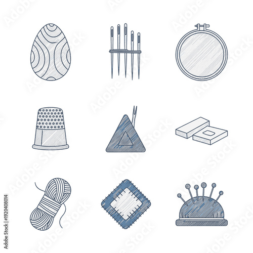 A vector icon sheet featuring nine textile repair implements for visible mending, sustainable fashion education, and artisan garment restoration in a minimalist thin line style.