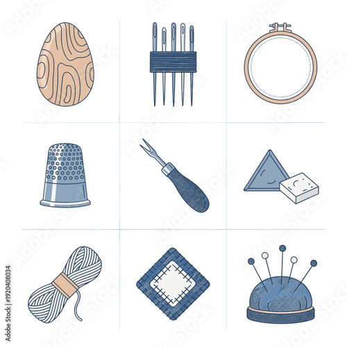 A vector icon sheet featuring nine textile repair implements for visible mending, sustainable fashion education, and artisan garment restoration in a minimalist thin line style.