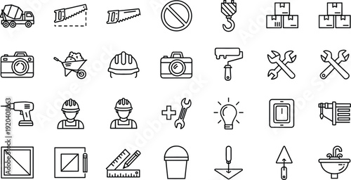 Construction and Repair Line Icons Set Featuring Tools Workers Equipment and Safety Symbols Vector Collection
