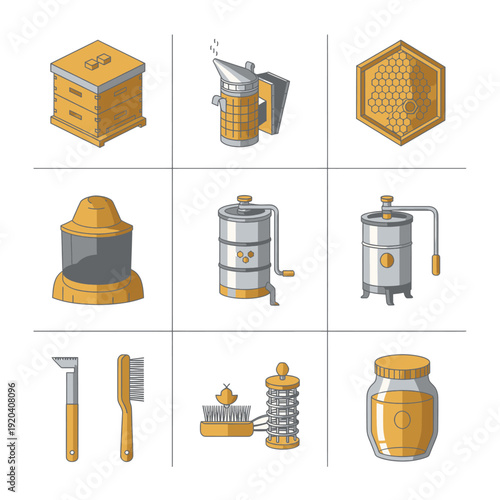 A vector icon sheet of nine beekeeping tools including Langstroth hives, smokers, and honey extractors for sustainable apiculture branding, urban farming education, and organic honey production.
