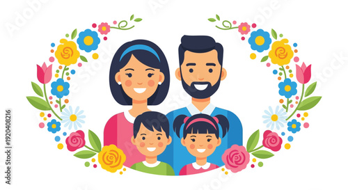 A cheerful family portrait is framed by colorful floral arrangements presenting a heartwarming and inviting silhouette high quality professional detailed modern