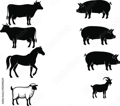 Farm animal silhouettes collection with cow, pig, horse, sheep and goat, black livestock vector set isolated on white background for agriculture design