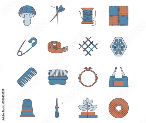 Sustainable repair economy symbols and textile mending equipment for circular fashion initiatives and clothing longevity education featuring professional darning tools and sewing solutions.