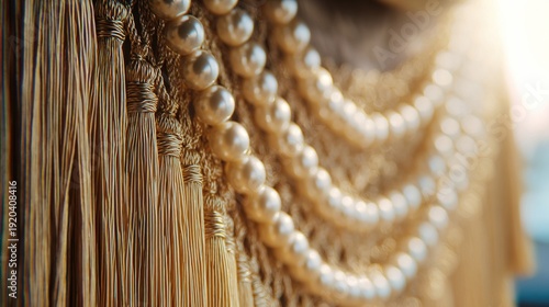 finery. Golden tassels and pearl necklaces forming an intricate decorative pattern with soft lighting. lifestyle magazines.