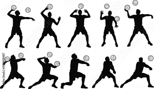 Volleyball Player Silhouette Set Showing Serve and Spike Action Sequence Isolated on White Background, Dynamic Sports Training and Competition Concept Illustration Vector Collection Design