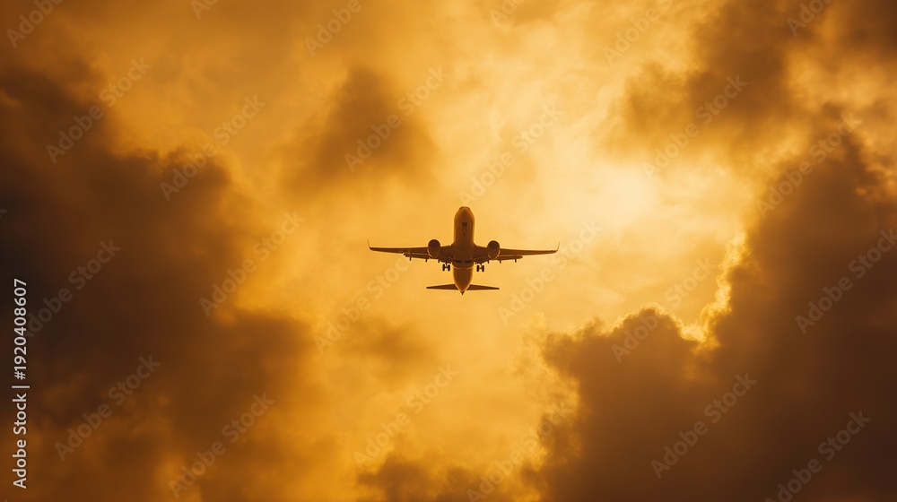 Obraz premium aerospace. Aircraft soaring through golden sunset clouds, capturing the beauty and freedom of aviation against a vast sky. inspiring travel planning.