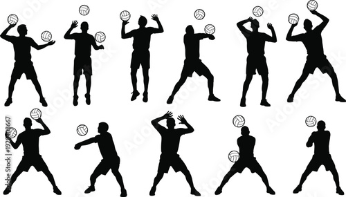 Volleyball player silhouettes set showing spike serve pass block and jump actions isolated on white background sports motion collection vector style illustration