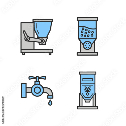 A vector icon sheet featuring four industrial bulk retail dispensers in a 2x2 grid, including gravity bins, cereal hoppers, liquid taps, and grain dispensers for zero-waste and sustainable retail.