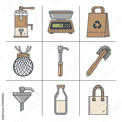Sustainable bulk shopping infrastructure icons and reusable packaging systems for eco friendly retail operations and circular economy waste reduction solutions.
