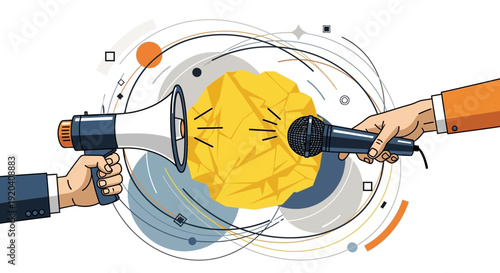 Hands holding megaphone and microphone around crumpled paper.