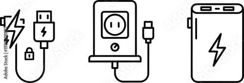 Electric Charging and Power Bank Line Icons Set Featuring Plug Cable and Portable Battery Vector Collection