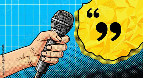 Hands holding megaphone and microphone around crumpled paper.