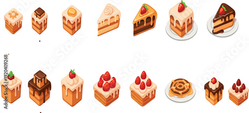 Isometric Sweet Dessert Cake Slice Collection with Chocolate, Strawberry and Cream Pastry Pieces for Bakery Menu, Game Assets and Food Design.