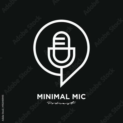 Minimalist Microphone Podcast Logo with Speech Bubble Design on Black Background