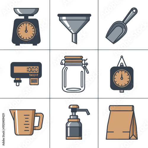 Sustainable bulk shopping weighing systems and refillable tool icons for eco friendly retail operations and circular economy waste reduction initiatives.