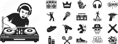 DJ Hip Hop Icon Set Vector Illustration, Urban Music Elements Collection with Turntable, Microphone and Graffiti Symbols Isolated on White Background