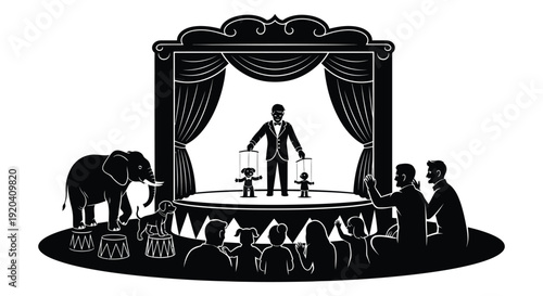 A vintage circus scene unfolds within an ornate frame showcasing performers and animals in silhouette high quality professional detailed modern elegant
