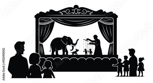A vintage stage performance unfolds featuring an elephant and puppeteers observed by a captivated audience silhouette high quality professional detailed modern
