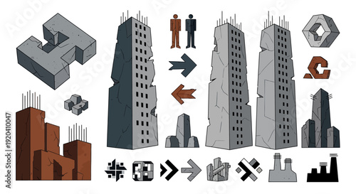 Post-Apocalyptic Cityscape Elements: Ruined Buildings, Abstract Icons, and Construction Symbols