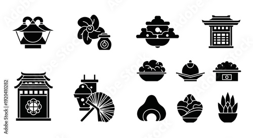 Japanese culture elements black silhouette icons set