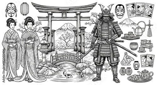 Japanese culture elements hand drawn vector illustration