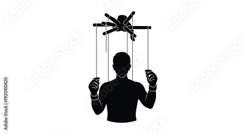 A stark black silhouette depicts a person controlled by strings resembling a marionette silhouette high quality professional detailed modern elegant stylish