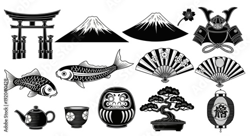 Japanese Culture Elements Vector Set, Traditional Symbols