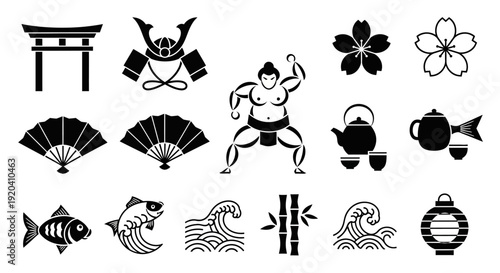 Japanese Culture Icons Set Black and White