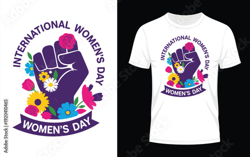 International Women's Day fist symbol with flowers and ribbon, empowering vector art celebrating gender equality and women's rights