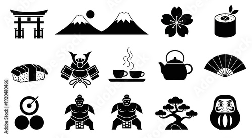 Japanese Culture Icons Set Black and White Vector