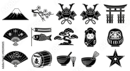Japanese culture icons set in black and white