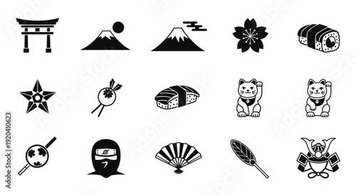 Japanese Culture Icons Set in Black and White