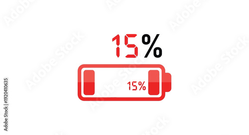 A digital display shows a battery at fifteen percent charge featuring a bold red indicator silhouette high quality professional detailed modern