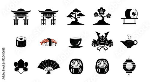 Japanese culture icons set in black and white