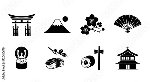 Japanese culture icons set in black and white