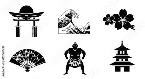 Japanese culture icons set in black and white