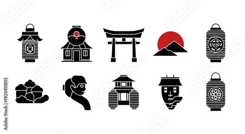Japanese Culture Icons Set: Silhouette Vector Illustration