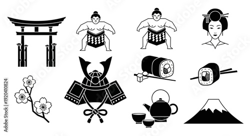 Japanese Culture Icons Set: Sumo, Geisha, Sushi, Tea