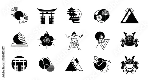 Japanese culture icons set in minimalist style