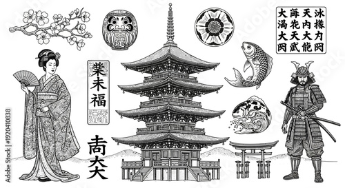 Japanese culture icons set in vintage style