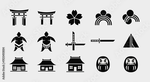 Japanese Culture Icons Set: Sumo, Torii Gate, Samurai Sword