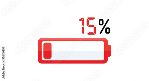 A digital display showing a battery at fifteen percent charge represented with a red indicator silhouette high quality professional detailed modern