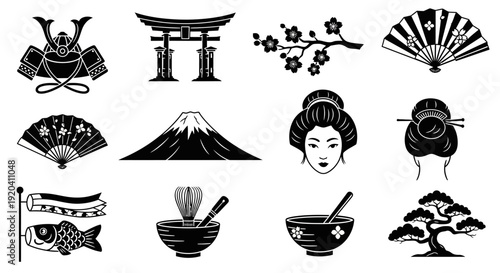 Japanese culture icons set, traditional symbols vector